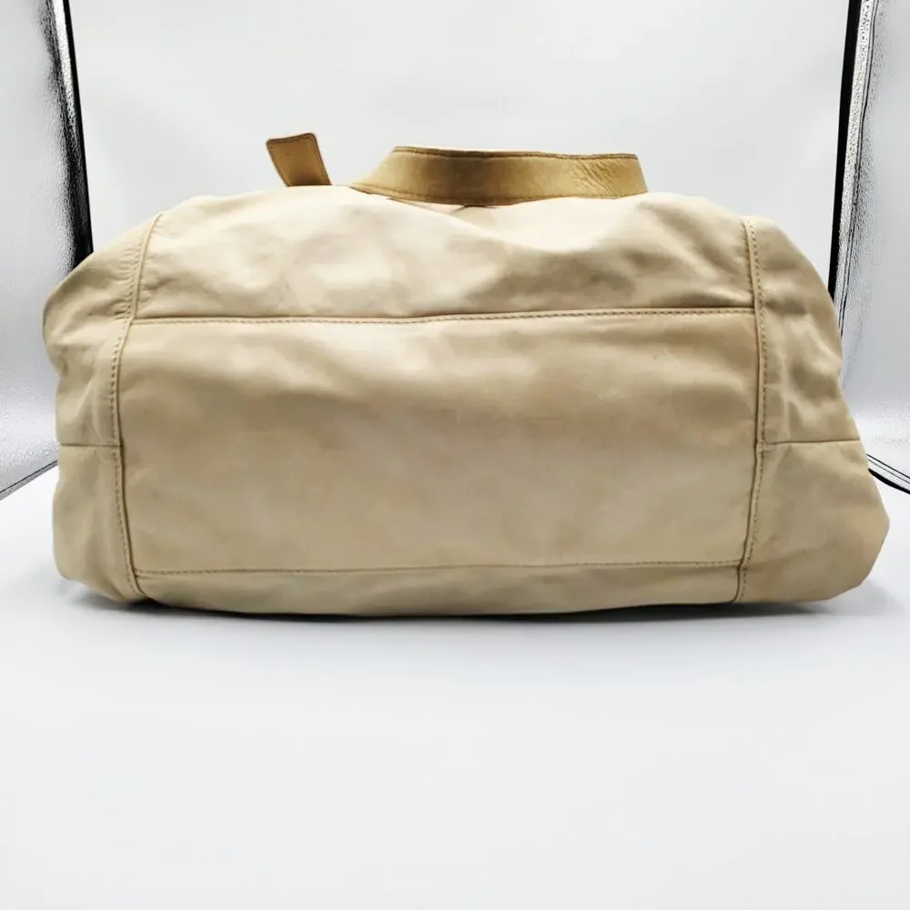 Club Monaco Beige 100% Leather Slouchy Satchel Handbag Gathered Side Detail